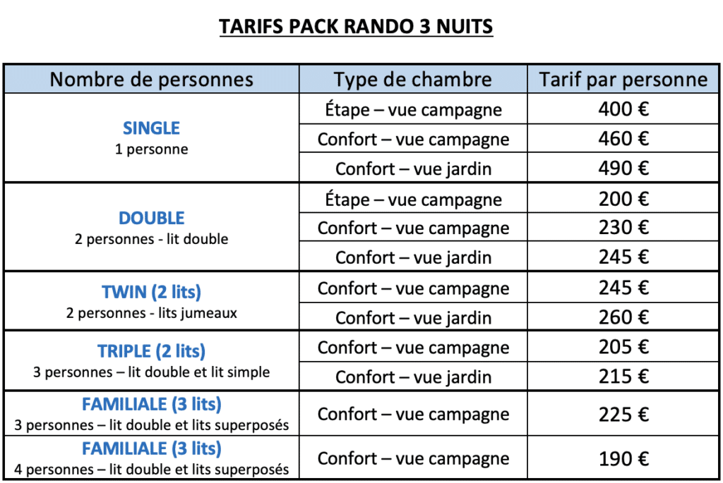 Tarif Pack Rando 4 jours